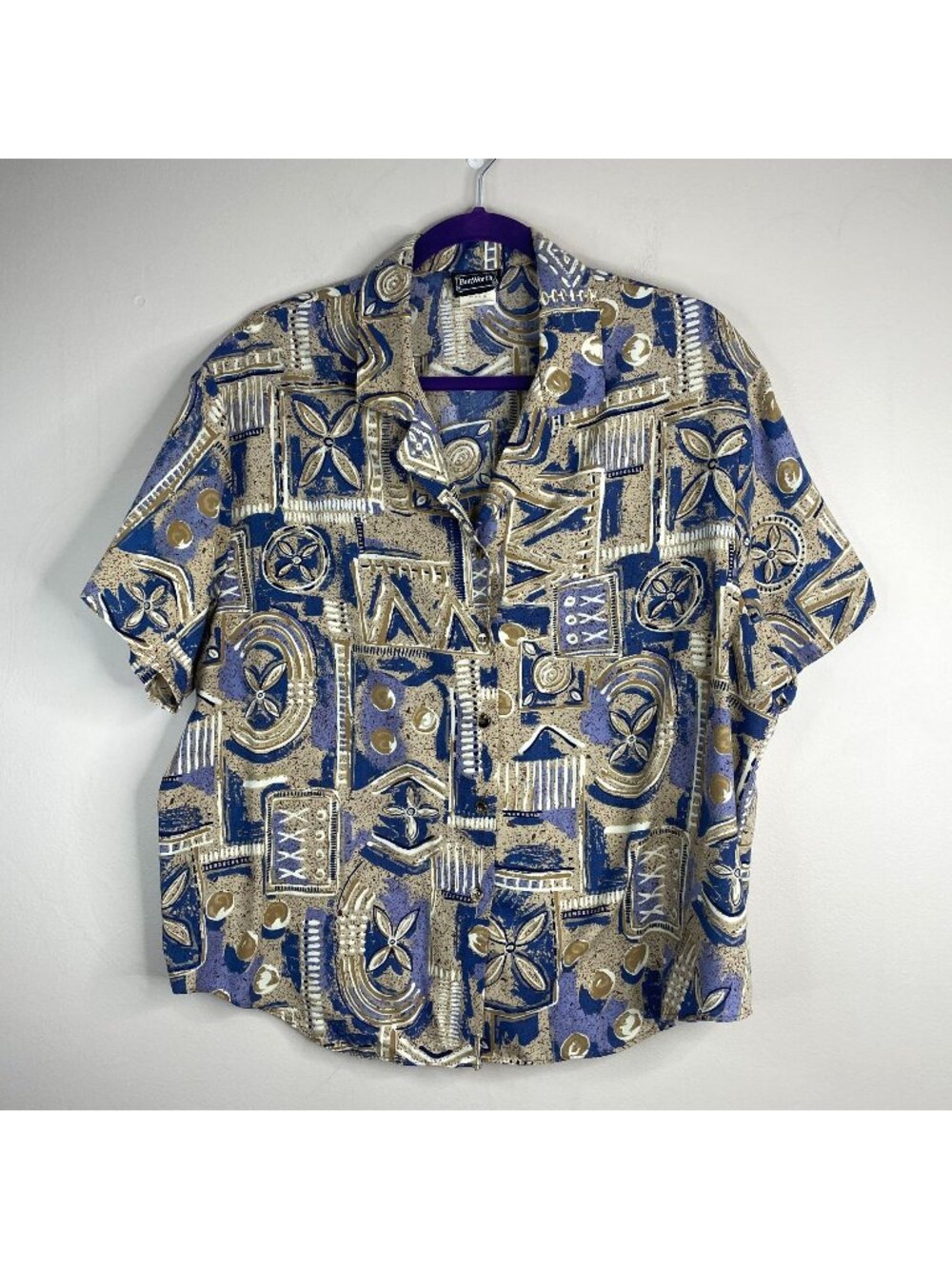 Vintage Camp Shirt Top Womens XXL Petite Button Up Geometric Office Outdoor Boxy